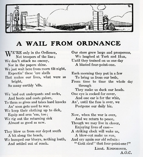 A Wail from Ordinance by J C Kininmonth published in The Anzac Book, 1916,
